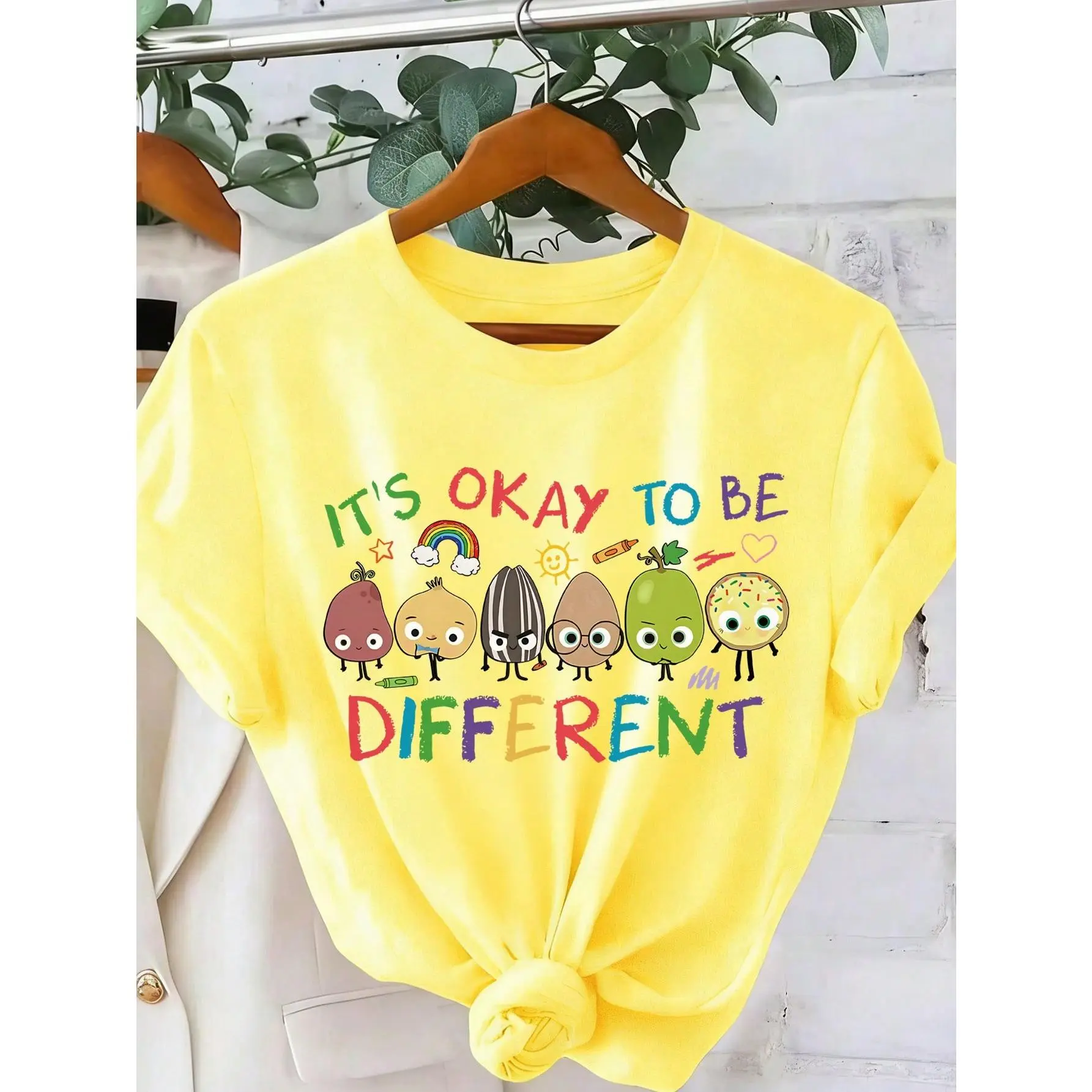 Yellow Neurodiversity T-Shirt for Women, Casual Knitted Graphic Tee with "It's Okay To Be Different" Slogan, Short Sleeve Teacher Gift, Halloween, Lady, Fabric, Round Neck, Fit, Women's Graphic Tees, Casual Wear