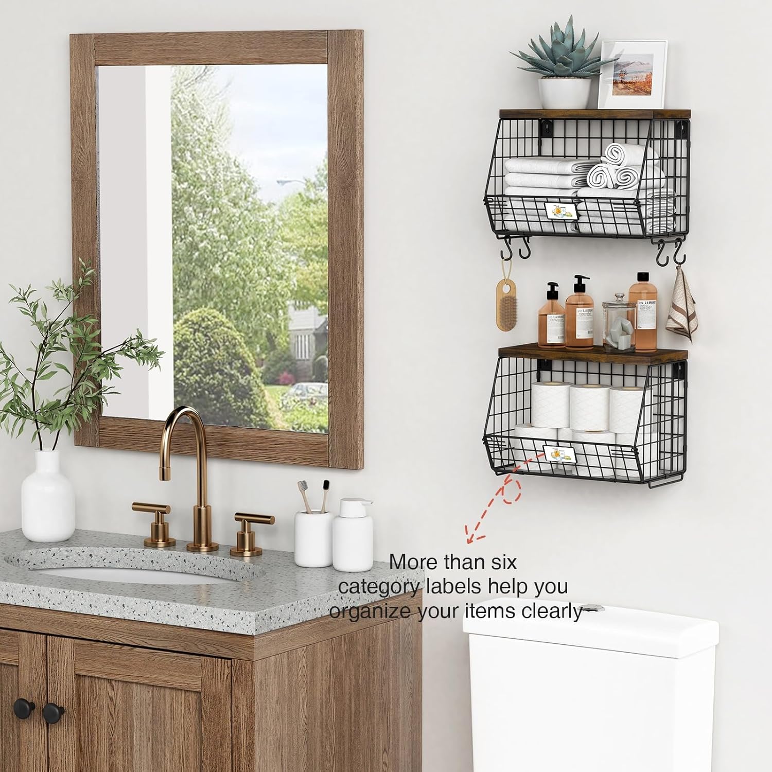 Hanging Wall Fruit Basket for Kitchen Counter 2 Pack, Stackable Wire Baskets for Organizing with  Lid, Potato and Onion Storage Bin with Banana Hook for Vegetable Produce, Black + Rustic