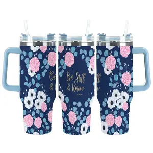 Be Still & Know Psalm 46:10 Tumbler, Navy Pink Floral Design, Christian Inspirational Insulated Travel Cup for Women