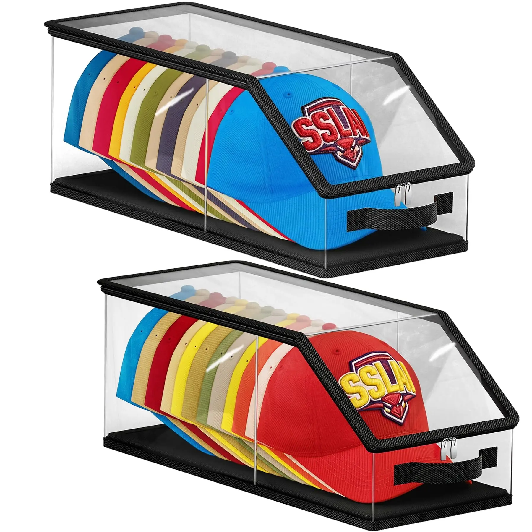 2-Pack Transparent Baseball Hat Storage Box, Stackable & Foldable, Collapsible Containers, Dust-Proof, Moisture-Resistant, Ideal for Home, Closet, Store Display, Clear Plastic Organizers