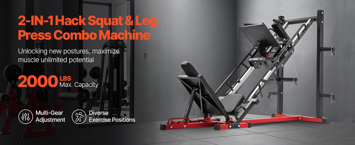 VEVOR Leg Press Hack Squat Machine, Adjustable Leg Press Combo with Linear Bearing and Weight Storage, Lower Body Special for Home Gym, Leg Exercise Equipment for Quads, Hamstring, Glutes, Calve
