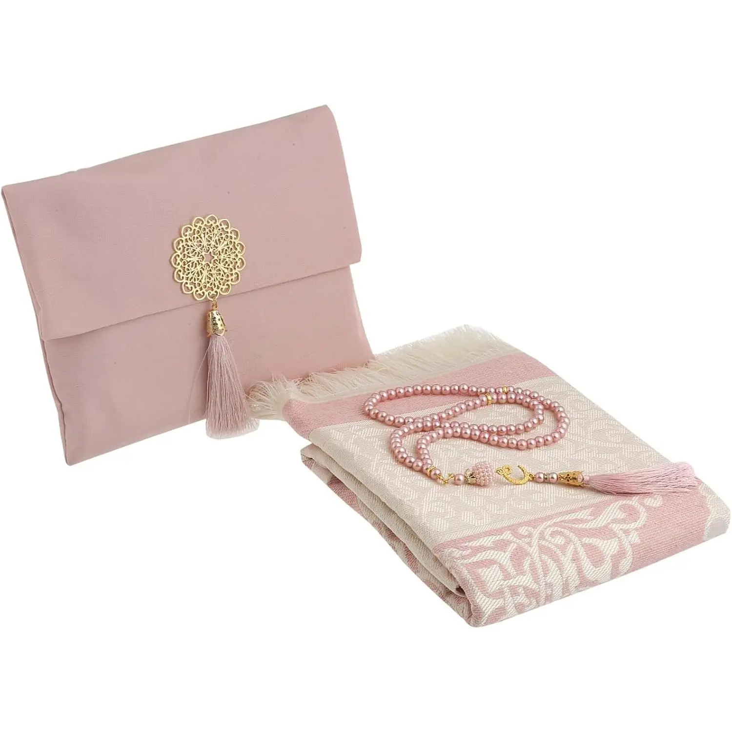 Muslim Prayer Rug with Tasbih and Portable Bag, Islamic Gift Set for Women Men, Soft Mat, Turkish Sajadah for Ramadan, Eid, Hajj, Travel, Pray (Powder Pink)Gift