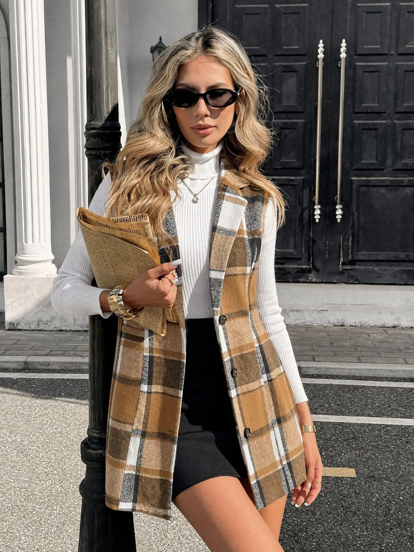 Women's Gilet Jacket, Casual Fashion Vest, Casual Sleeveless Plaid Design, Button Front Fitted Long Top, Spring & Fall Fashion, H-Type Cut