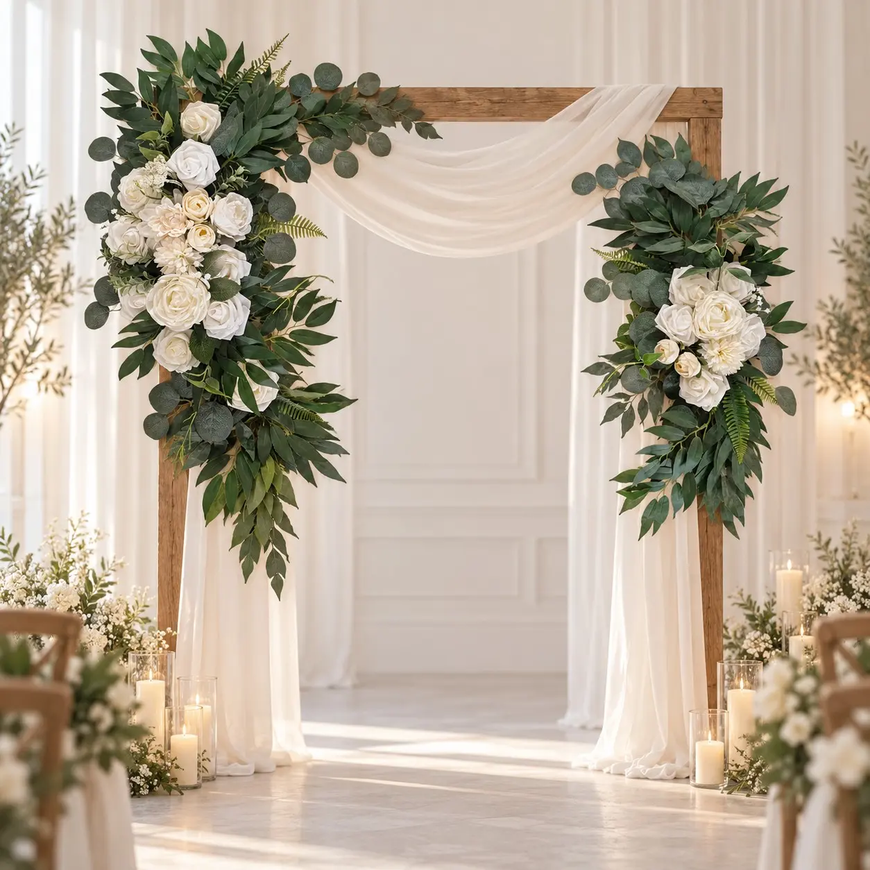 Romantic Cream White Floral Arch Swag Set | 90cm & 70cm Artificial Rose with Eucalyptus Fern, Wedding Ceremony Backdrop & Party Decor, Reusable Fake Flower