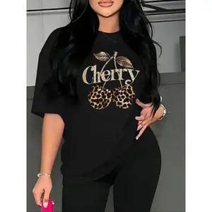 Women's Cherry & Letter Print Round Neck Casual Loose Tee, Casual Short Sleeve Crew Neck T-shirt for Summer, Fashion Women's Top for Daily Wear, Aesthetic Fruit Tee