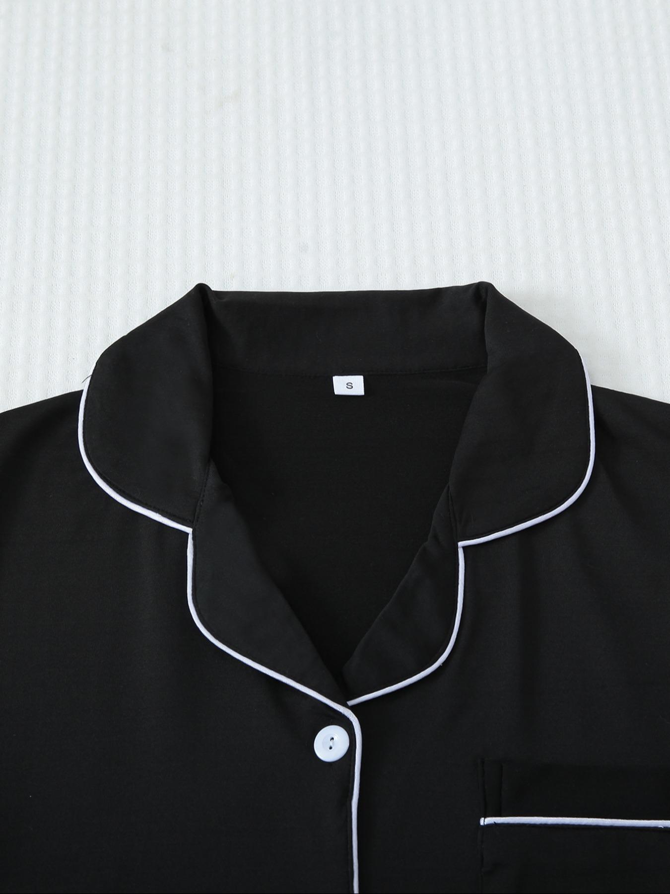 Women's Contrast Binding Button Front Long Sleeve Nightdress, Elegant Pocket Lapel Nightgown for Women, Women's Sleepwear for Spring & Fall