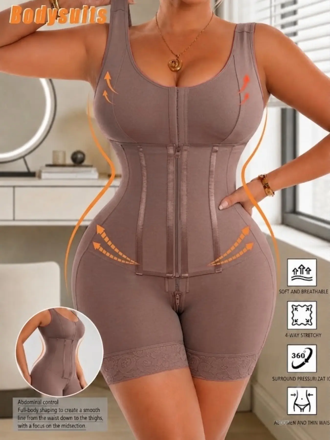 1 Count Women's Butt Lifting & Tummy Control Shapewear, Colombian Shapewear, Fajas, Wide Adjustable Strap Bodysuit, Lace Trim Anti-Slip Shapewear Bodysuit, Support Bone Jumpsuit, Zipper & 3-Row Hook Closure Body Shaper, Perfect For Casual Daily Use