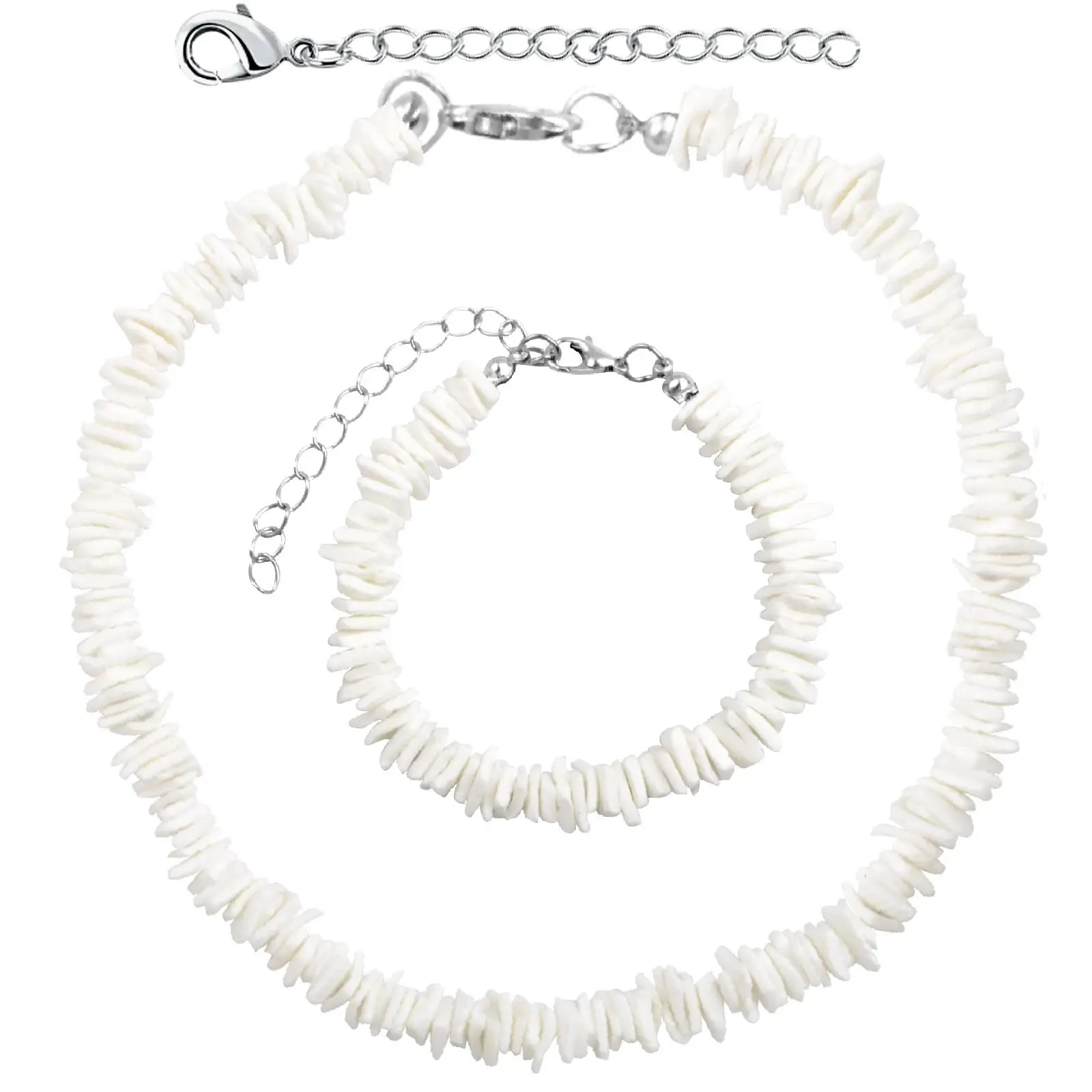 White Puka Shell Necklace Hawaiian Seashell Beach Surfer Choker Adjustable Handmade Beaded Summer Pooka Shells Clam Chips Necklace Bracelet Jewelry Set for Adult Teens Men Women
