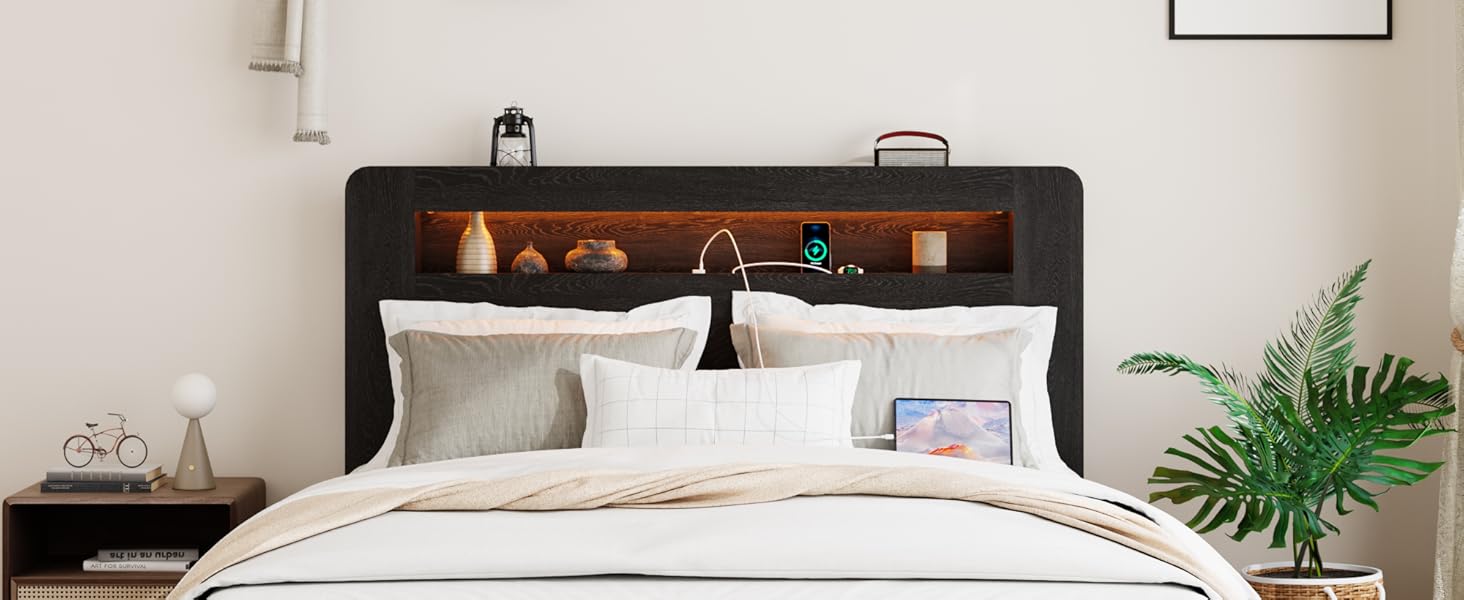 ARCH Wooden Bed Frame Queen Size with Storage Headboard, Farmhouse Platform Bedframe with Bookcase Shelf & Led Lights, Sturdy Wood Slat Framework Bed Frame (Rustic Brown)