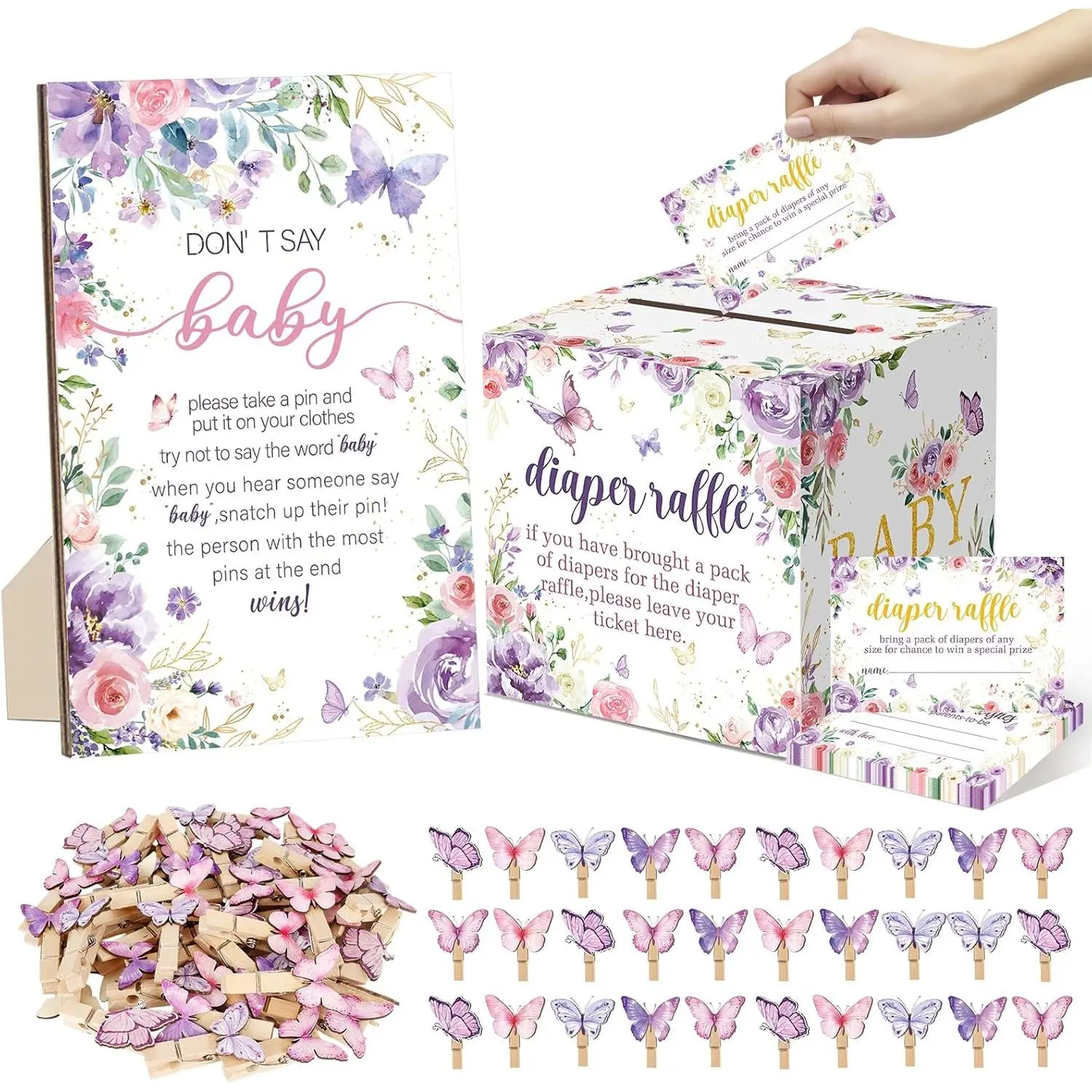 102-Piece Girls' Complete Party Game & Decor Kit - Wood/Cardboard Baby Shower Birthday Supplies with 50 Diaper Raffle Tickets, 1 Raffle Box, 1 Don't Say Baby Sign, 50 Mini Butterfly Clothespin Gifts
