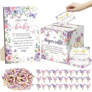 102 Pcs Butterfly Baby Shower Game Supplies Include 50 Diaper Raffle Tickets,1 Diaper Raffle Card Box,1 Don't Say Baby Sign and 50 Mini Butterfly Clothespins for Girls Gender Reveal Party Favors
