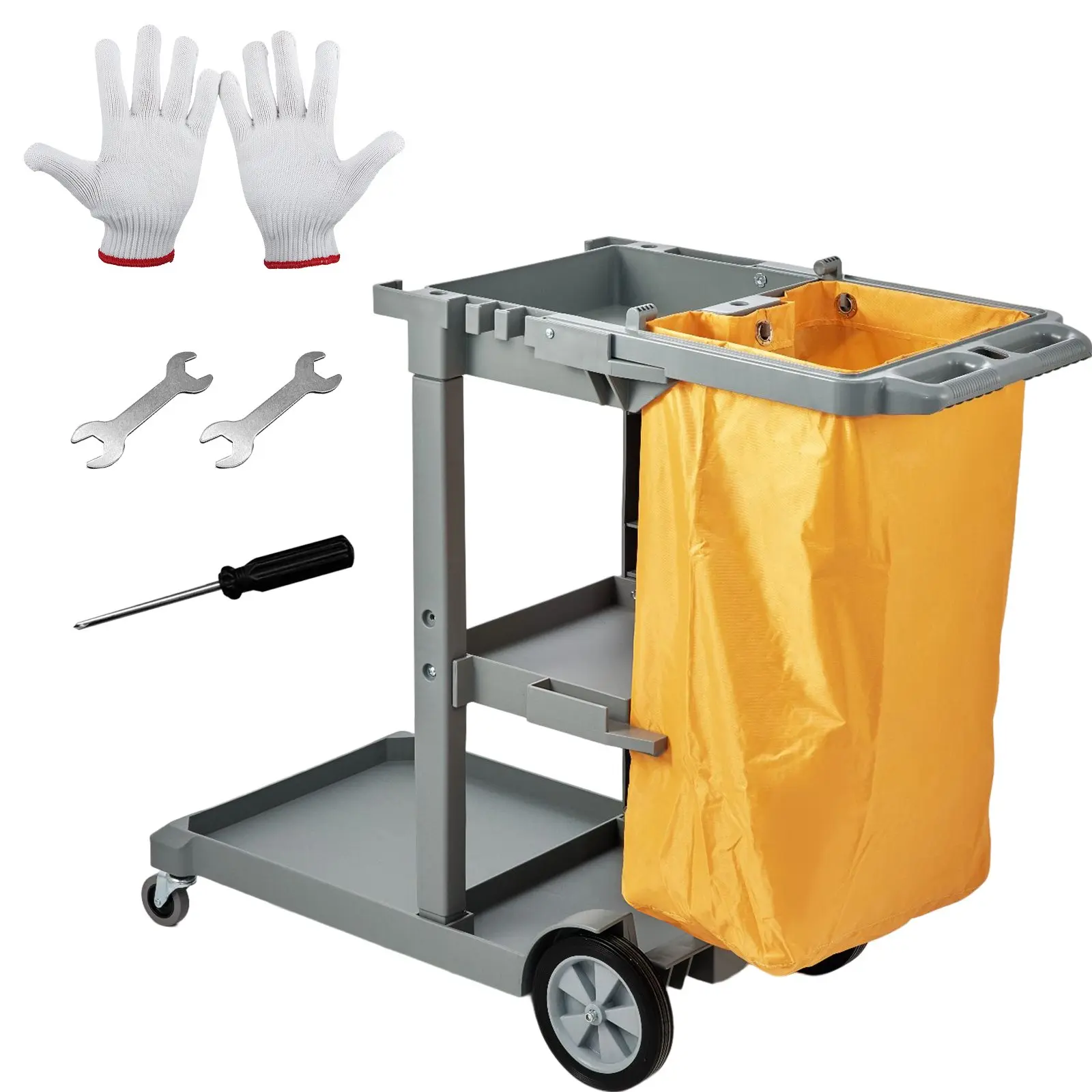 VEVOR Cleaning Cart, 3-Shelf Commercial Janitorial Cart, 200 lbs Capacity Plastic Housekeeping Cart, with 25 Gallon PVC Bag, 47" x 20"x 38.6", Yellow+Grey