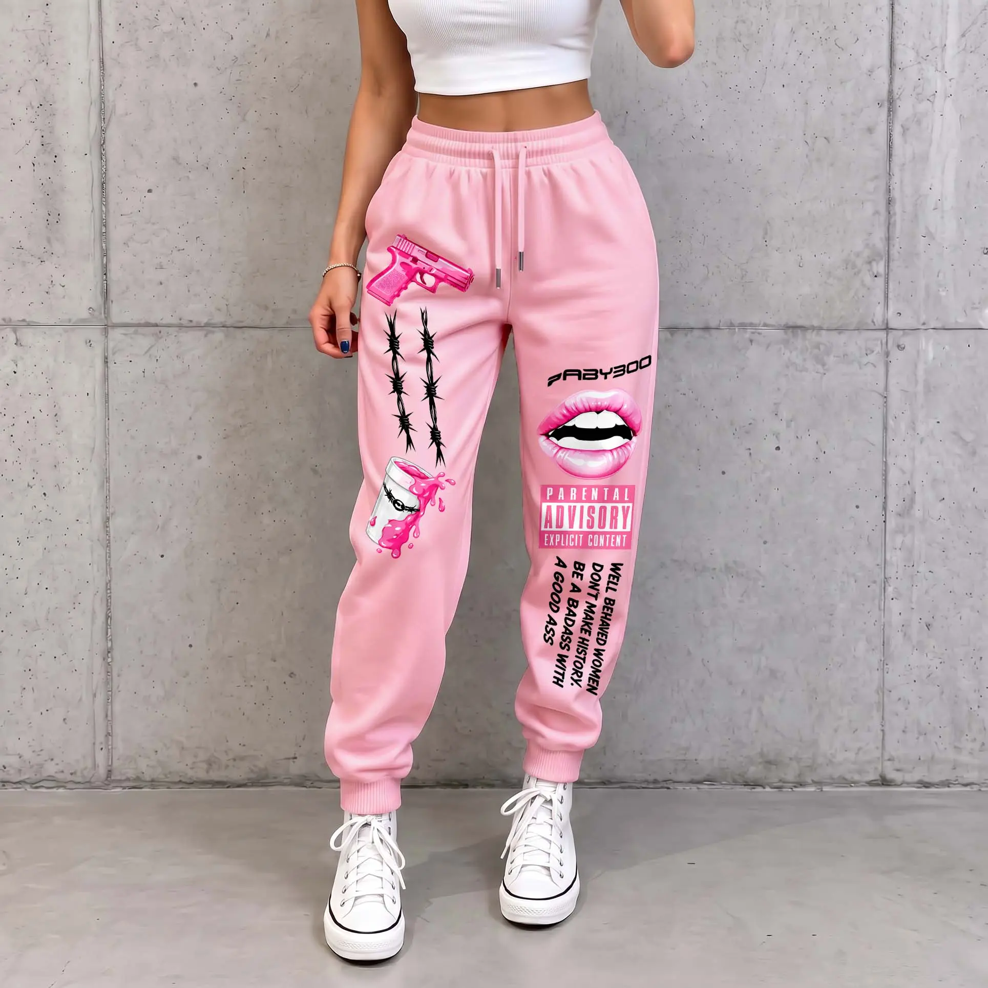 Women’s Y2K Bad Girl Graphic Jogger Pants, Lips & Barbed Wire Print Sweatpants, Edgy Streetwear Drawstring Lounge Pants for Women, Trendy Casual Bottoms for Daily Wear, Travel & Hip Hop Style