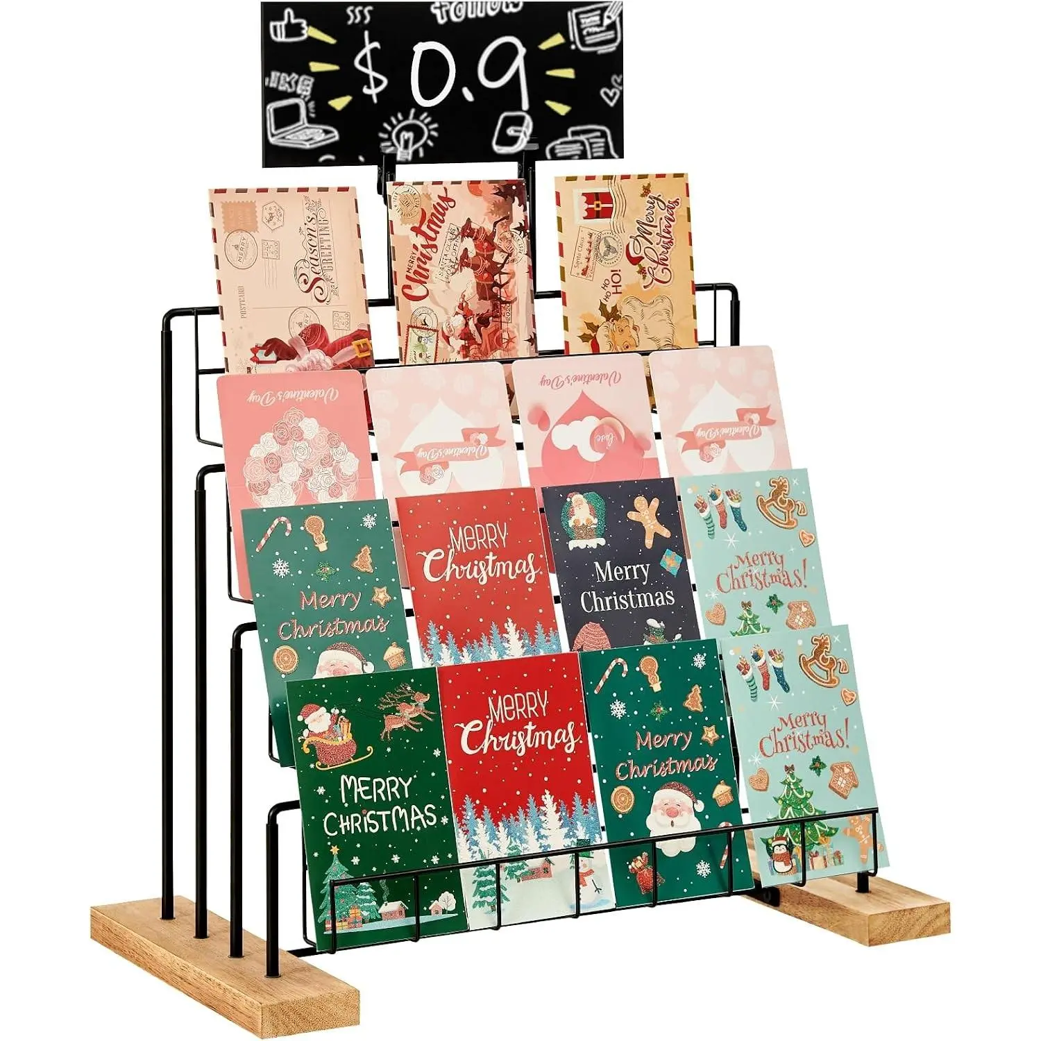 Greeting Card Display Stand, 4-Tier Greeting Card Organizer for Cards, Postcard, Photos, Brochure, Sticker, Trading Cards, Metal & Wooden Retail Display Rack for Vendors Counter Retail (Black)