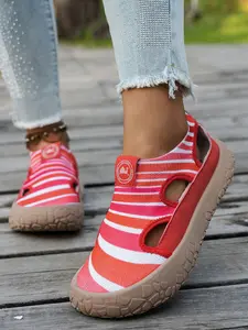 Women's Striped Knit Cutout Slip-On Platform Sandals, Closed Toe Non-Slip Chunky Sole Casual Walking Shoes for Summer Beach & Daily Outdoor Wear, Chic Summer Footwear