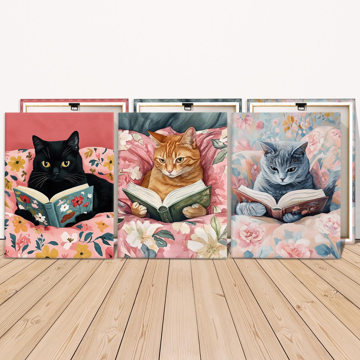 Cat Reading Book Pattern Canvas Painting with Frame, 3 Counts/set Colorful Animal Reading, Wall Decor for Home Living Room Bedroom Office Hanging Wall Art