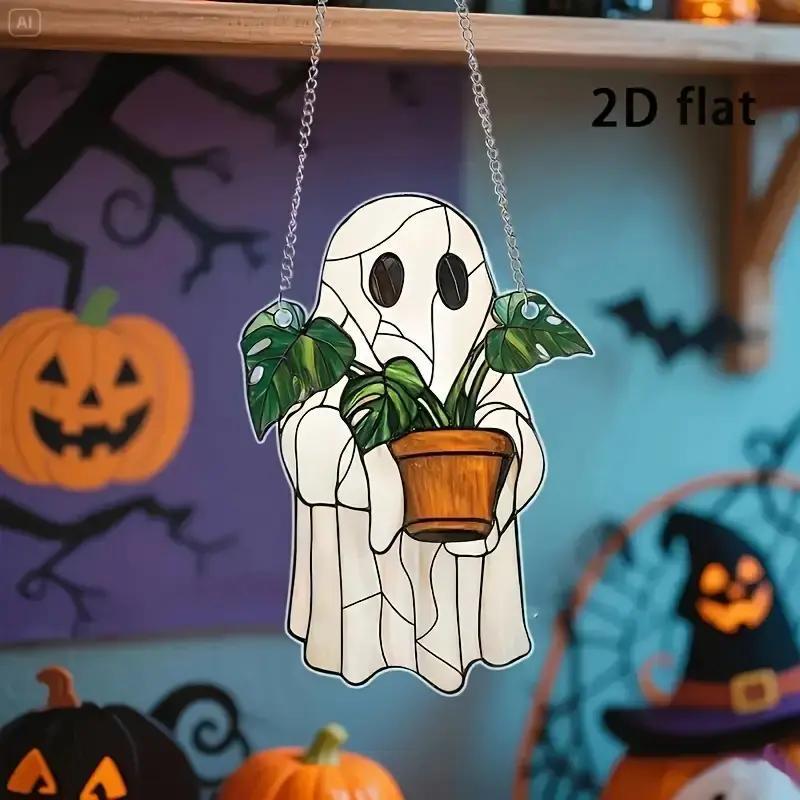 2PCS Cute Ghost Plant Suncatcher - Ghost and Monstera Acrylic Ornament, Perfect Halloween Hanging Decor, Ideal Gift for Plant Lovers and Moms 2PCS Cute Ghost Plant Suncatcher - Ghost and Monstera Acrylic Ornament, Perfect Halloween Hanging Decor, Ideal Gift for Plant Lovers and Moms