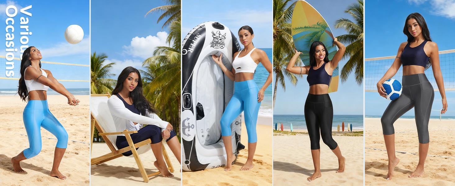 Baleaf Womens 18 Inch High Waisted Swim Capris UPF 50 Sun Protection Swim Tights With Built In Liner And Pockets For Water Aerobics