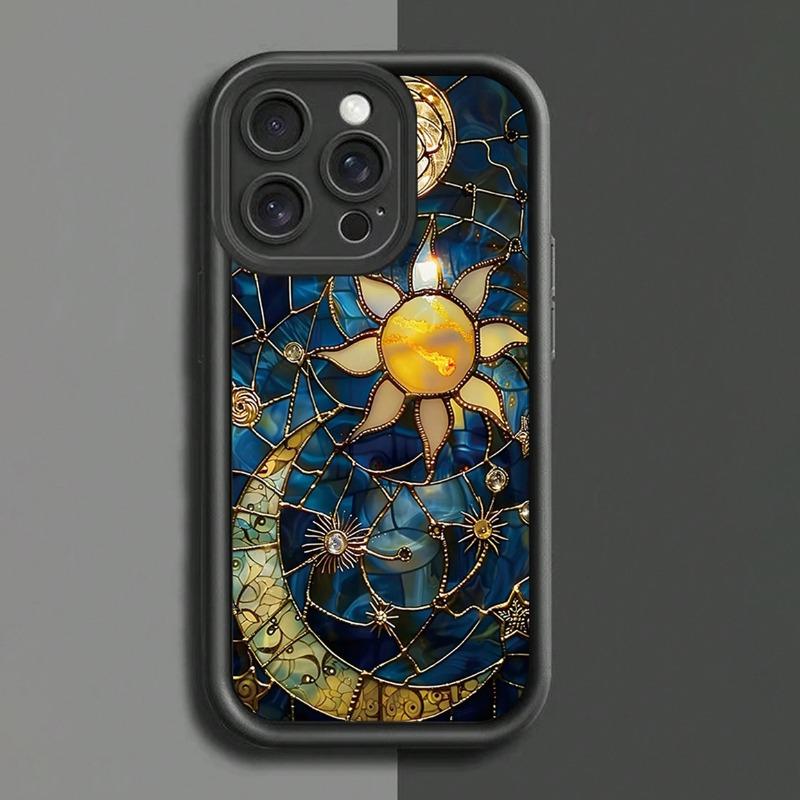Vintage Phone Case Moon and Sun Pattern Case for IPhone 16 15 14 Pro Max 13 12 11 XR XS Plus Shockproof Non Slip Military-Grade Protection Silicone Cover