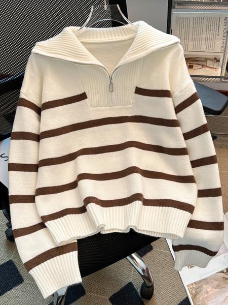 Women's Striped-Print Drop-Shoulder Sweater with Half-Zipper, Casual Long-Sleeve Collared Jumper for Daily Outdoor Wear, Knitwear for Fall & Winter, National Day Outfit