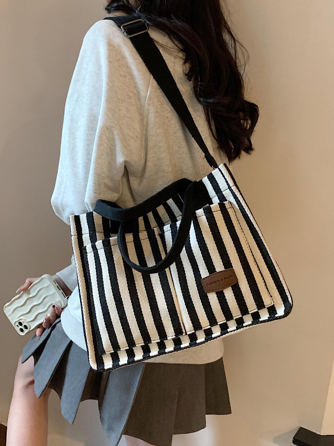 Women's Stripe Tote Bag, Large Capacity Shoulder Bag for Daily Used, Casual Trendy Versatile High-quality Daily Commuting Bag, Girl Fashionable Shopping Bag