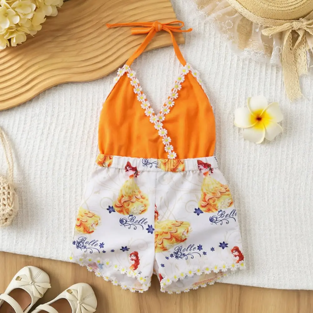 Girls' Cotton Blend Sweet V-Neck Jumpsuit - 0-5 Years Summer Sleeveless Strap Romper with Floral & Princess Prints, Perfect for Outdoor Activities, Floral Print Dress Style, Sweet Look