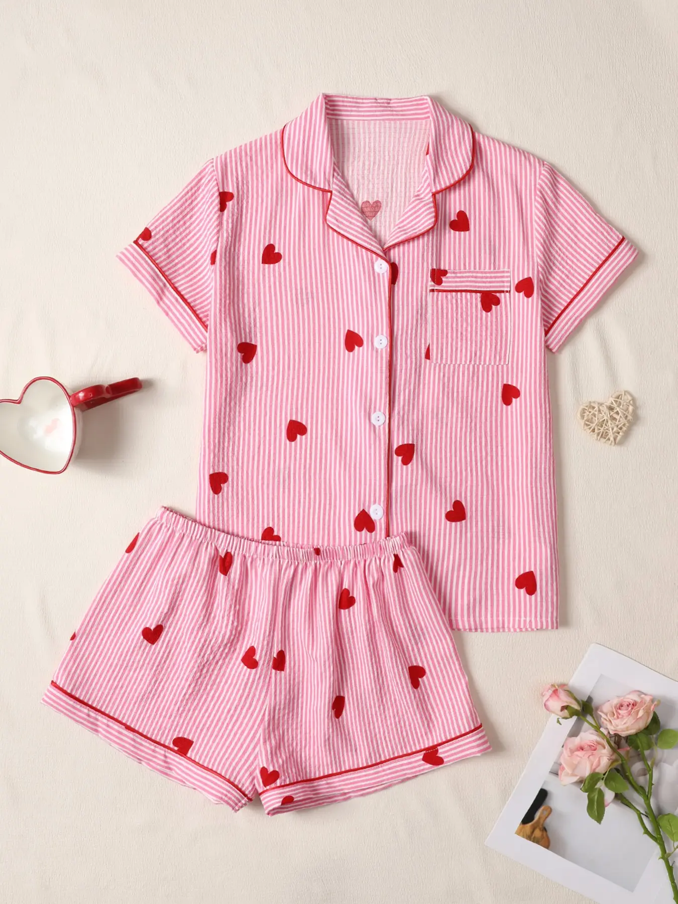 Valentine's Day Wrinkled Heart Print Pajama Set, Short Sleeve Button-Up Top and Shorts, Women's Sleepwear and Homeewear, Loungewear