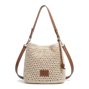 Women's 2026 Summer Woven Crochet Bucket Bag - Openwork Macrame Shoulder Tote, Y2K Effortless Chic Handbag with Leather Strap for Beach Vacation & City Daily Wear