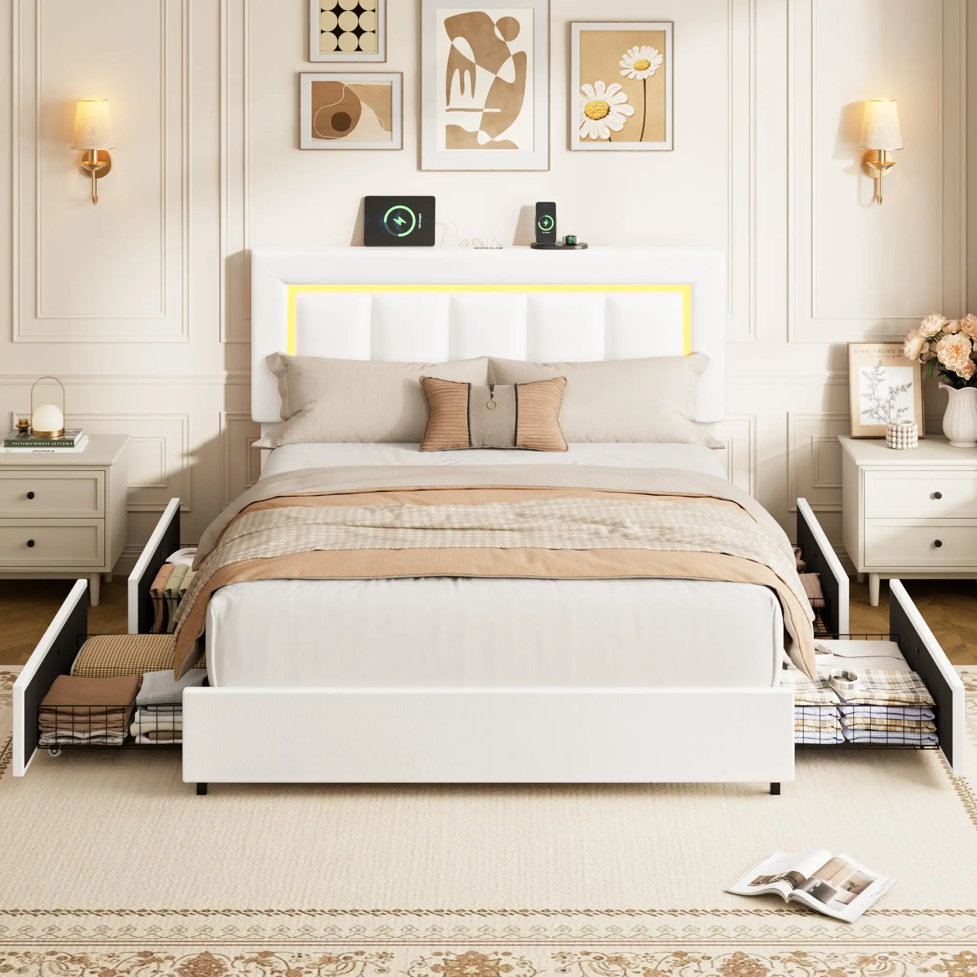 White Queen-Size PU Leather Bed Frame - 4 Storage Drawers, LED Light, USB Port, Silent Noise-Free Platform, Adjustable Upholstered Headboard, Charging Station, Easy Assembly, No Box Spring Needed, Classic Space-Saving Solution