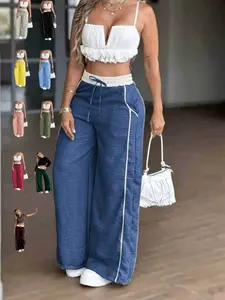 Women's High Waist Adjustable Drawstring Wide Leg Pants, Side Stripe Y2K Style, Spring Summer New Casual Loose Fit Trousers