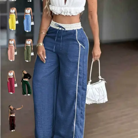 Women's High Waist Elastic Adjustable Drawstring Wide Leg Pants, Side Stripe Y2K Style, Spring Summer New Basic Casual Loose Fit Trousers, Drawstring Palazzo Trousers, Bottoms