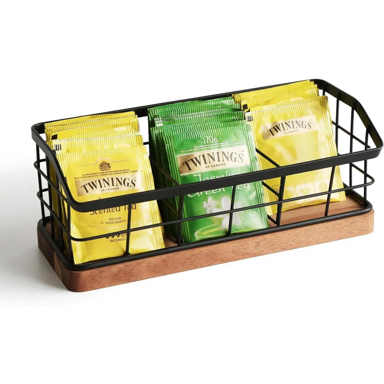 Tea Bag Organizer Iron Wire Basket with Wooden Base, 3-Slot Tea Storage Containers for Sugar Packets, Ideal Tea Bar Accessories for Countertop Cabinet Drawer