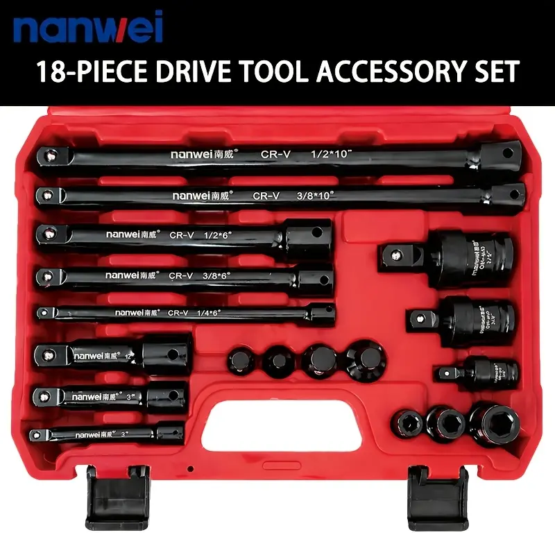 NANWEI 18pcs Socket Extension Bar Set Includes Extension Bars, Socket Adapters, And Impact Driver Bit Connectors. Made of Premium Cr-V Steel. Professional 1/4", 3/8" & 1/2" Drive Set, Ideal for Home Decoration And Mechanical Fastening