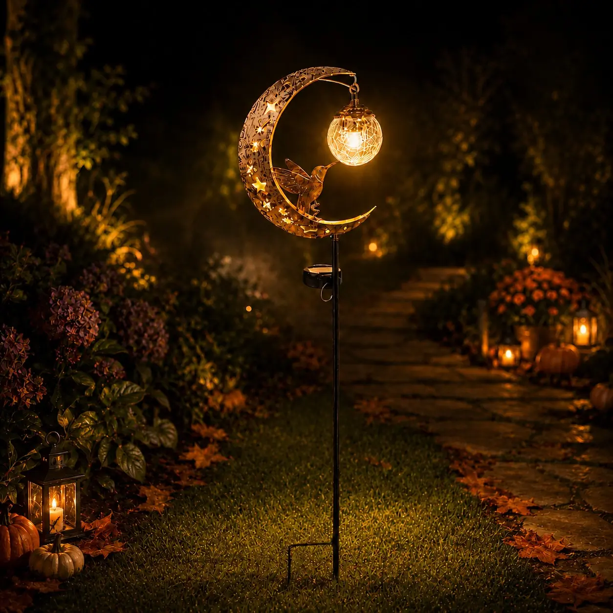 Solar Garden Stake Light with Hummingbird & Crescent Moon, Crackle Glass Globe, IP65 Waterproof Outdoor Solar Light, Auto On/Off, Decorative Pathway Yard Lawn Light for Patio Garden & Halloween Gifts