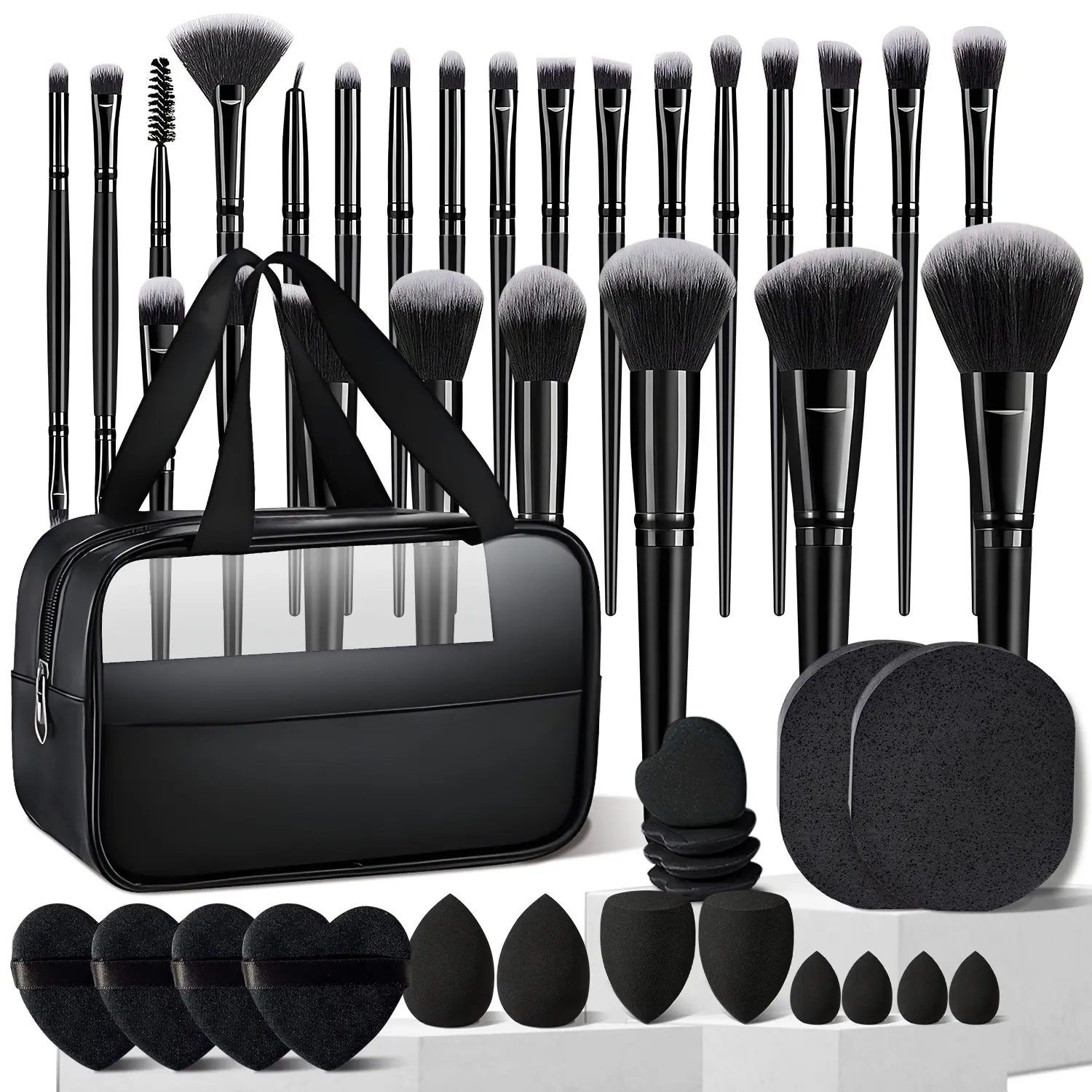 44-Piece Makeup Brush Set - Brush Kit Includes 25 Makeup Brushes & 8 Heart-shaped Puffs and 8 Makeup Sponge & 2Cleaning Sponge & Washbag Suitable for Concealer, Blush, Foundation, Eyeshadow, and Lip Makeup Tools the Ideal Gift Choice for Holidays