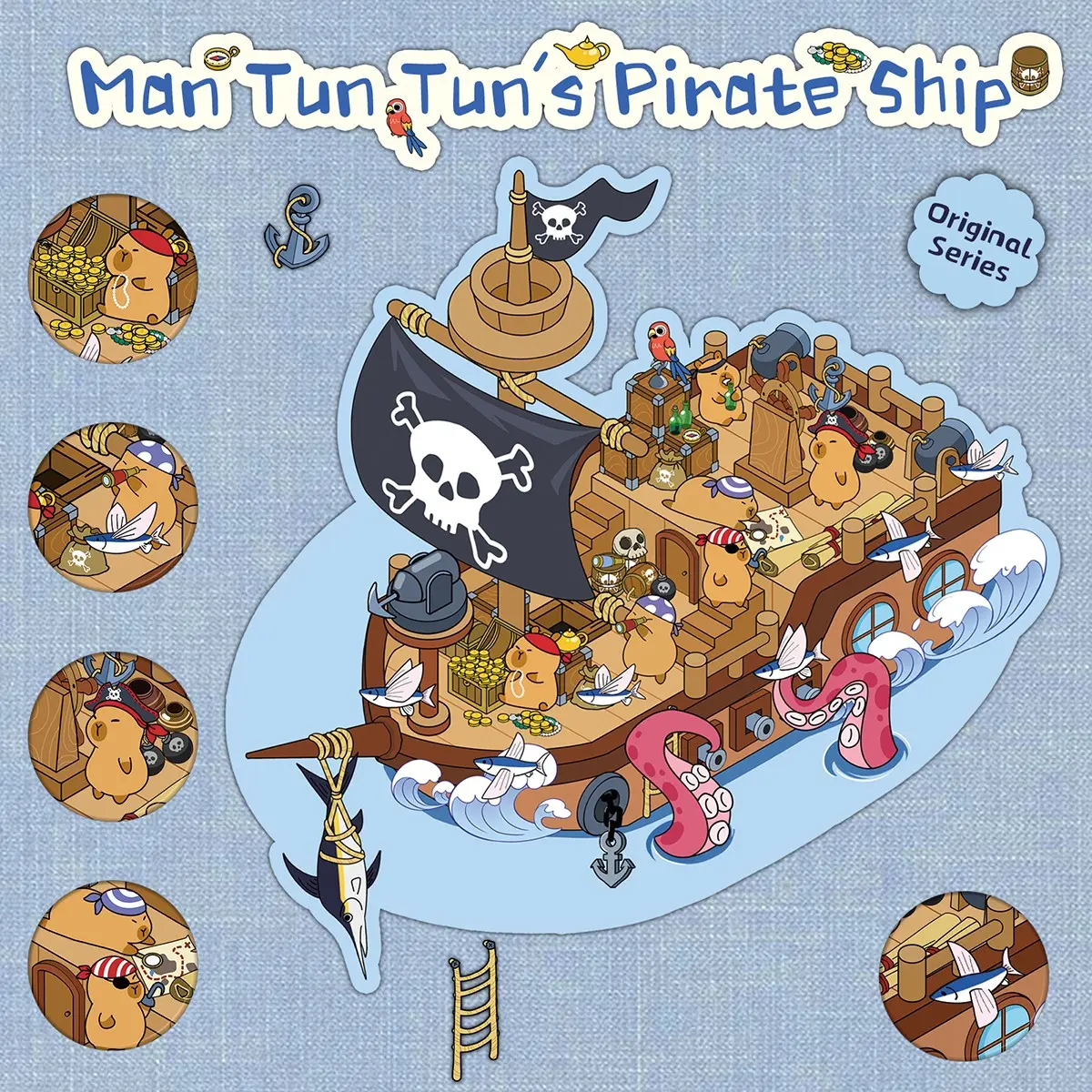 Cartoon slow dolphin dolphin pirate ship miniature world creative trend scene stickers personalized decorative design sense stickers
