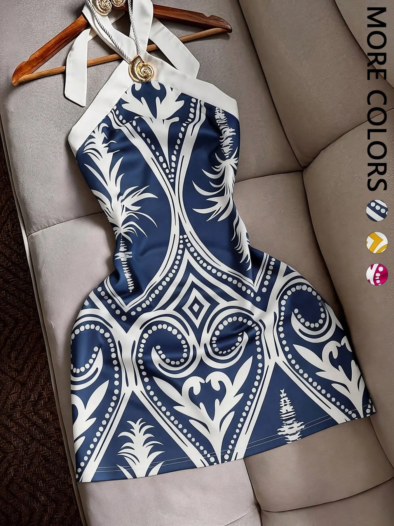 Women's Sexy Slim-Fit Halter Tie Waist Print Patchwork Mini Dress, Casual Beach Vacation Travel, Plain Pattern