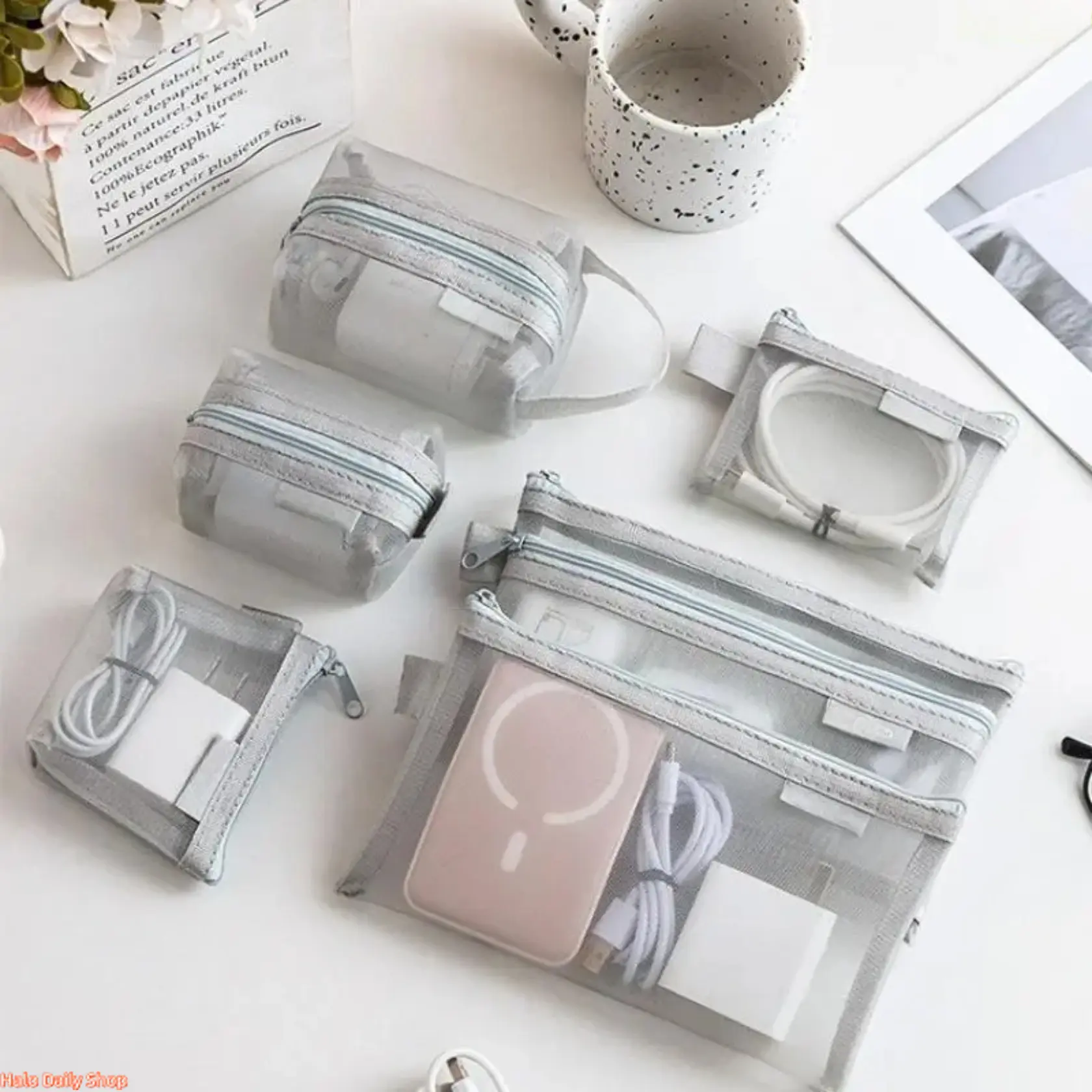 6-Piece Polyester Fabric Mesh Pouches Compact Toiletry Bag Set, Lightweight Pack Transparent Bags for Travel Use
