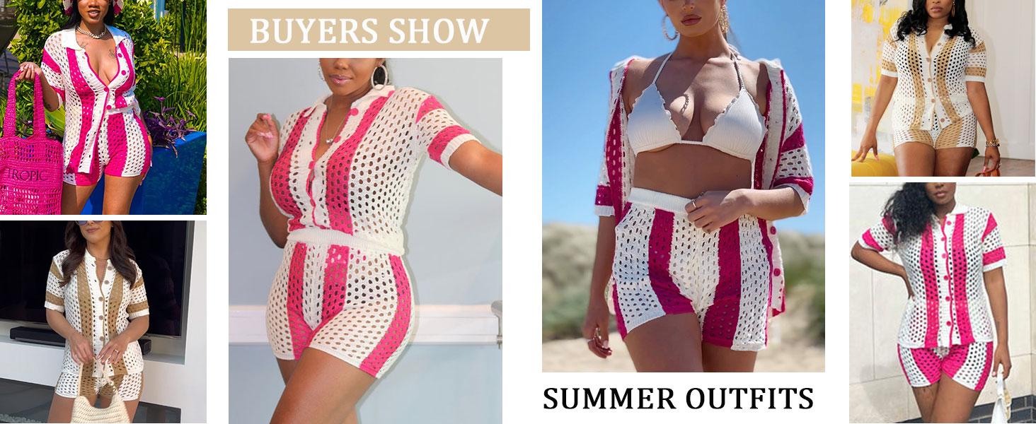Short Sets Women 2 Piece Outfits Knit Color Block Short Sleeve Button Down Shirt and Shorts Set Color-Block Openwork Summer Vacation Style Two-Piece Set Hawaiian short-sleeved set