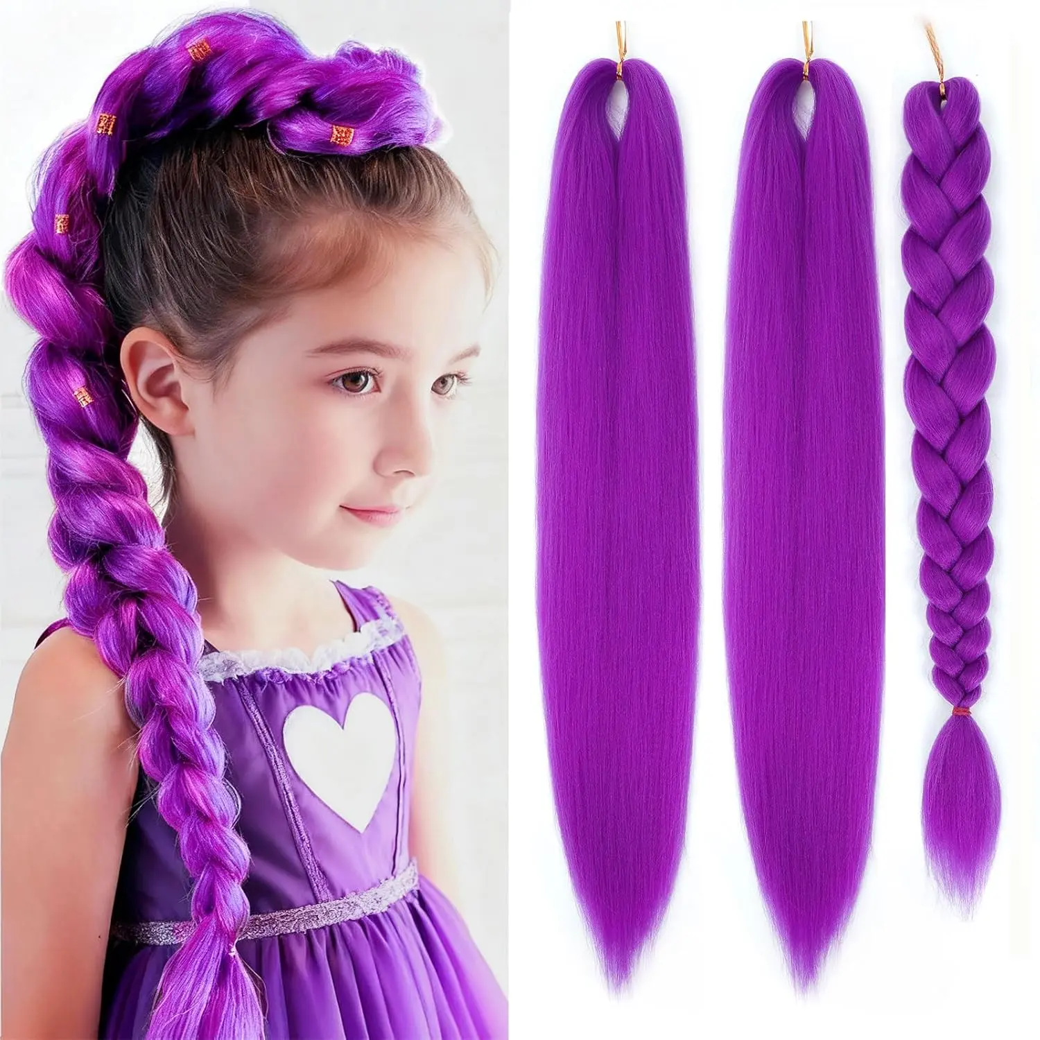 Purple Braiding Hair 24 Inch 3 Packs Braiding Hair Pre Stretched Colored Hair Extensions for Twist or Box Braids Hot Water Setting Soft Yaki Texture Long Synthetic Crochet Braids(24Inch, Purple)