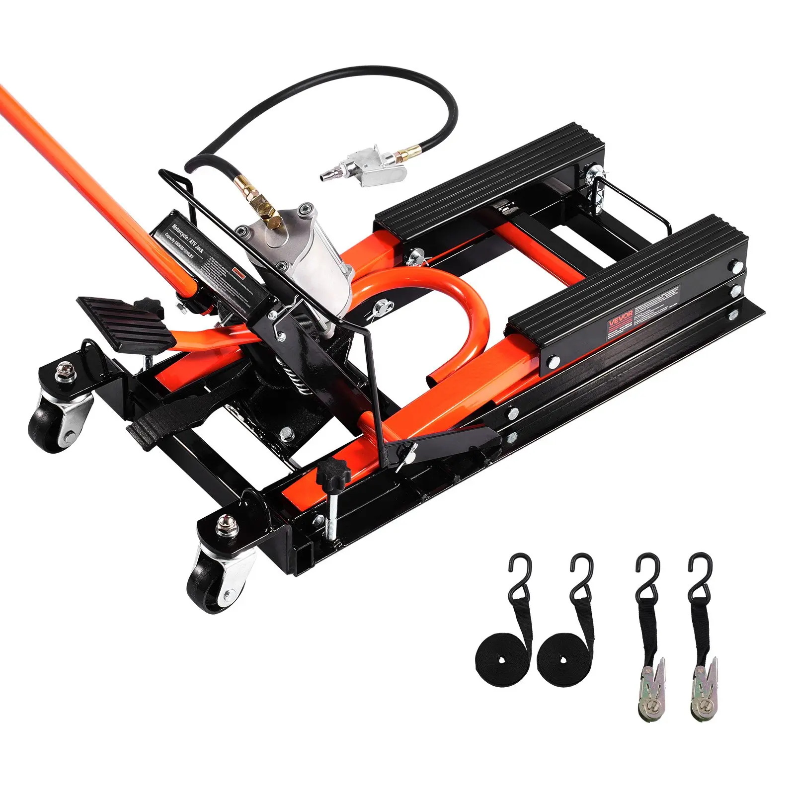 VEVOR Pneumatic/Hydraulic Motorcycle Jack Stand, 1500 lbs Cast Iron Heavy Duty Lift, 4.1-15 inches Height Range, Removable Ramp with 2 Casters, 41.3× 14.2× 35 Inch/1050× 360× 890Mm Size for ATVs/Dirt Bikes