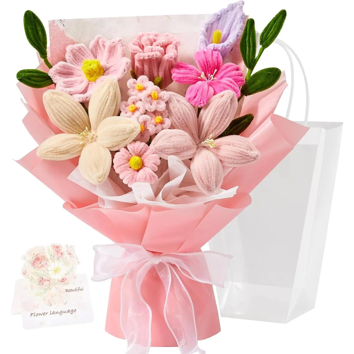 Pipe Cleaner Flower Bouquet Already Made, Pink Chenille Stem Flowers, Flower Bouquet for Mom Women, Birthday Anniversary Graduation Gift(Include Card)