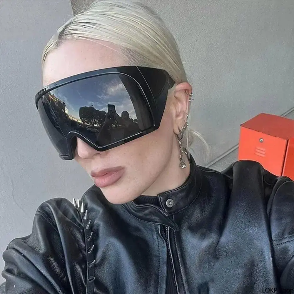 Women's Oversized Futuristic Wrap-Around Sunglasses, Curved UV400 Lens 2000S Y2K Steampunk Eyewear for Rave Festival, Street Daily Outfits