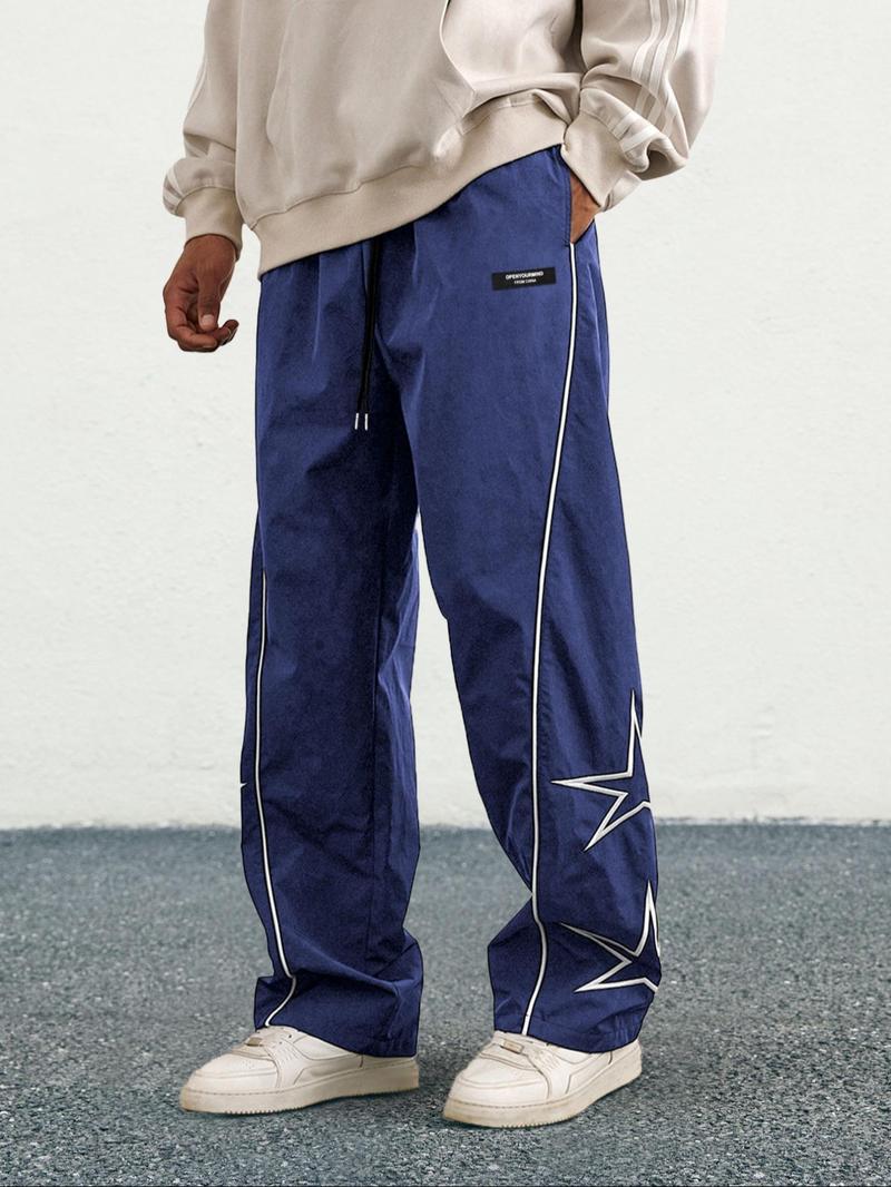 Men's Letter Patchwork Pants with Stripe & Drawstring Design, Casual Loose Pocket Trousers for Daily Wear, Fashion Men's Bottoms for All Seasons