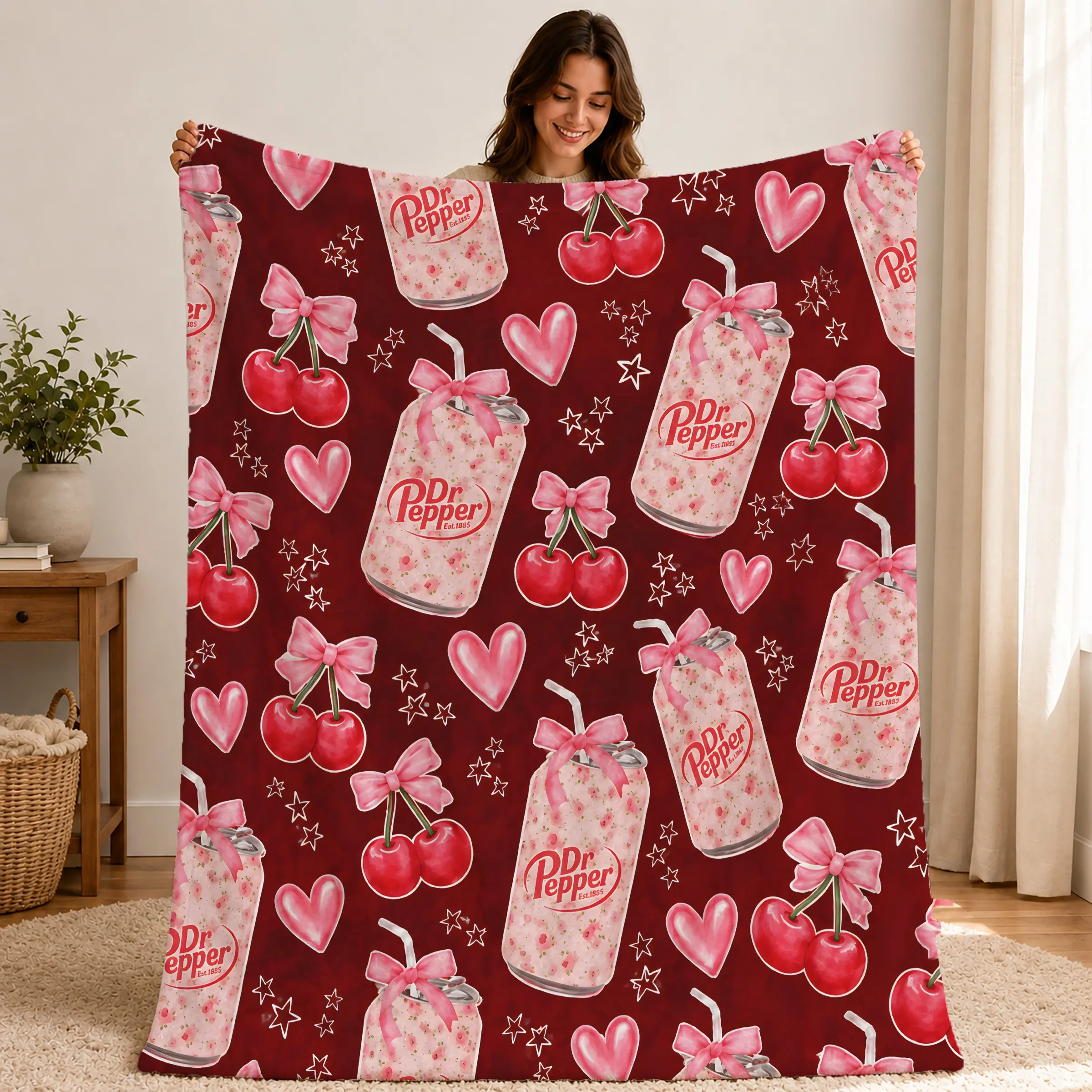 Vintage Flannel Blanket, Sweet Chili Design, Cherry Bow Pattern, Soft High-Density Flannel, Ideal for Sofa, Bed, Office, Bedroom Decor