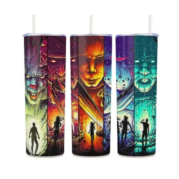 【Back To School】Warner Bros.All Star Horror Villains Neon Panel Split 20oz Skinny Tumbler with Straw, Pennywise  Freddy Jason Colorful Horror All Wrap Print Travel Mug,  Reusable Water Cup, Spooky Halloween Novelty Holiday Gift