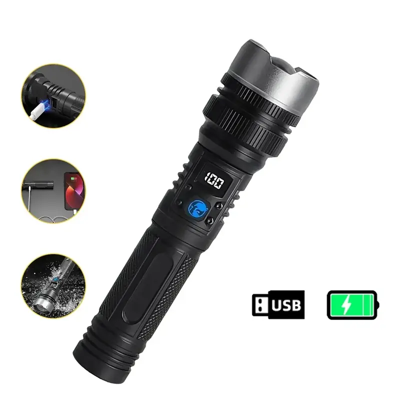2-in-1 Strong Flashlight (Power Bank), Digital display ofpower, Rechargeable, Zoomable,, X4Waterproof,Adjustable Brightness Flash Light for Outdoor, Emergency,Camping Accessories, Black DealsForYouDays outdoorfun