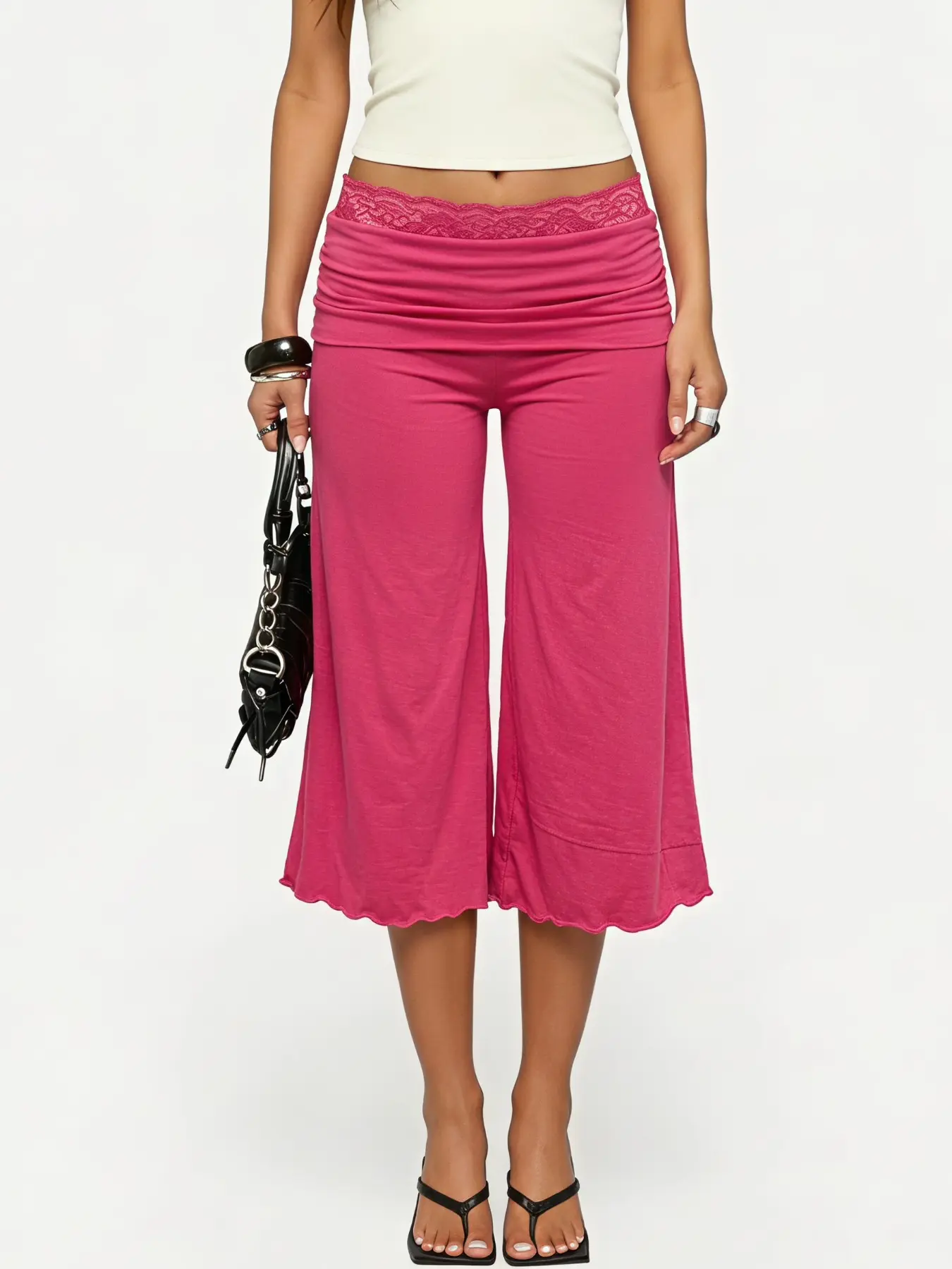 Trending Hot Pink Fold Over Waist Loose Wide Leg Capri Pants Soft Stretch Drape Fabric Retro Lace Inner Waistband Casual Cropped Trousers, Ruffle Hem Mid Calf Relaxed Flare Bottoms Perfect For Daily Street Matching Plain Short Crop Tees Outfits