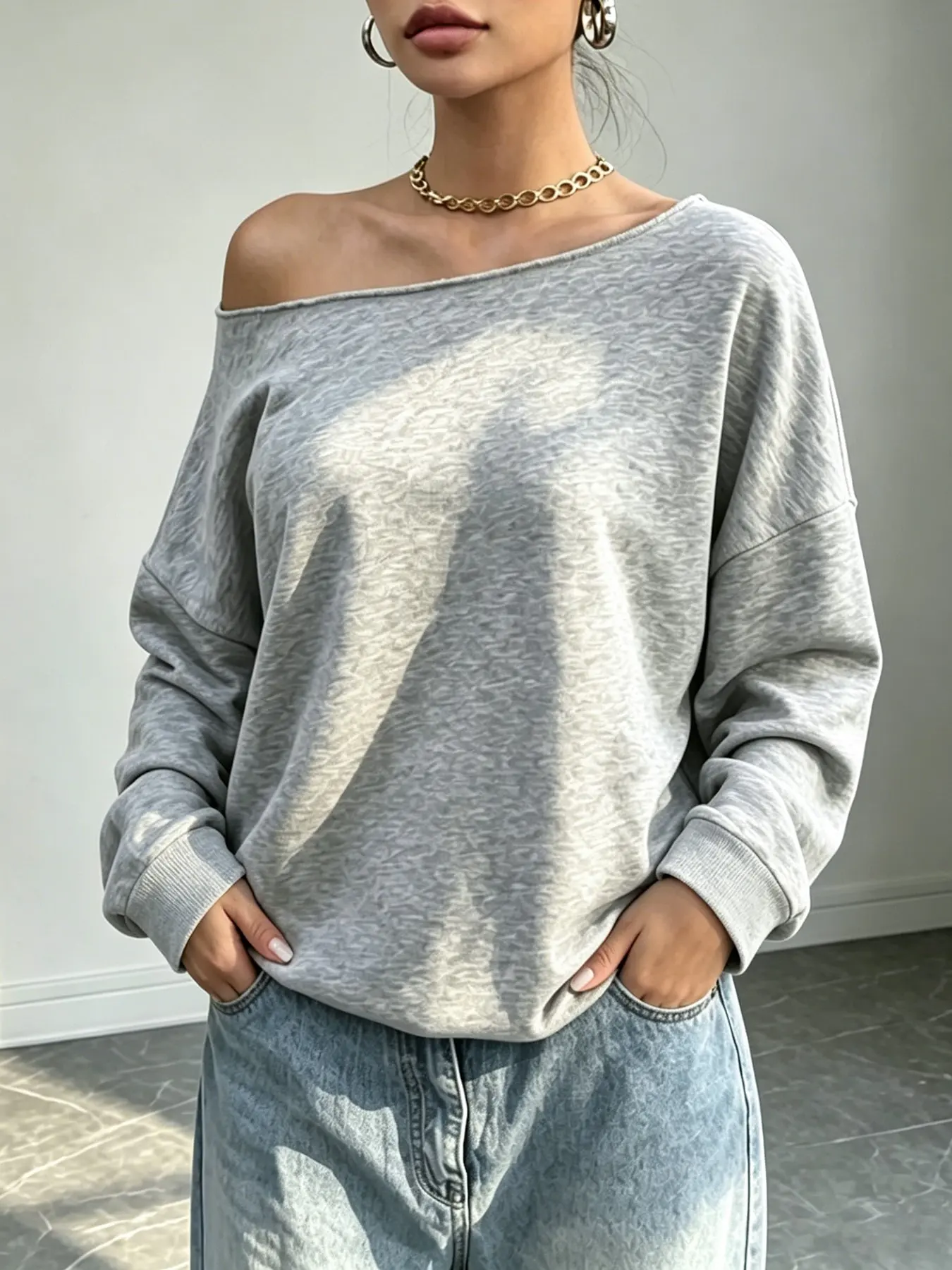 Women's Casual Solid Color Asymmetrical Shoulder Pullover Sweatshirt, Fall Winter Fashion Comfortable Long Sleeve, Outdoor, Vacation, Daily Wear
