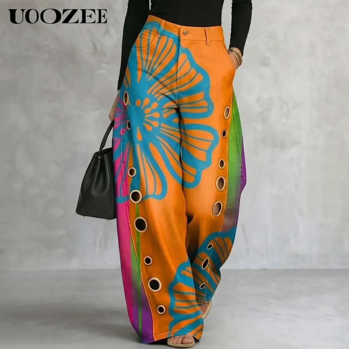 UOOZEE Colorful Printed  100% Polyester High Waist Wide Leg Pants, Women Hollow Eyelet Button Contrast Color Loose Fit Trousers with Pockets Casual Vacation Streetwear Bottoms